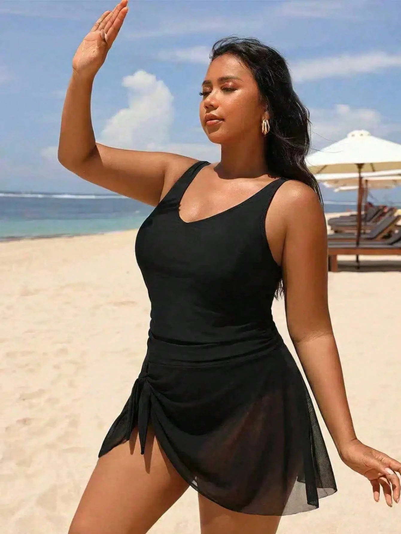 Swim Vcay 2026 New Modest One-Piece Swimsuit, Black Solid Color With Sheer Mesh Panels, Casual Beach Vacation Style, Plus Size