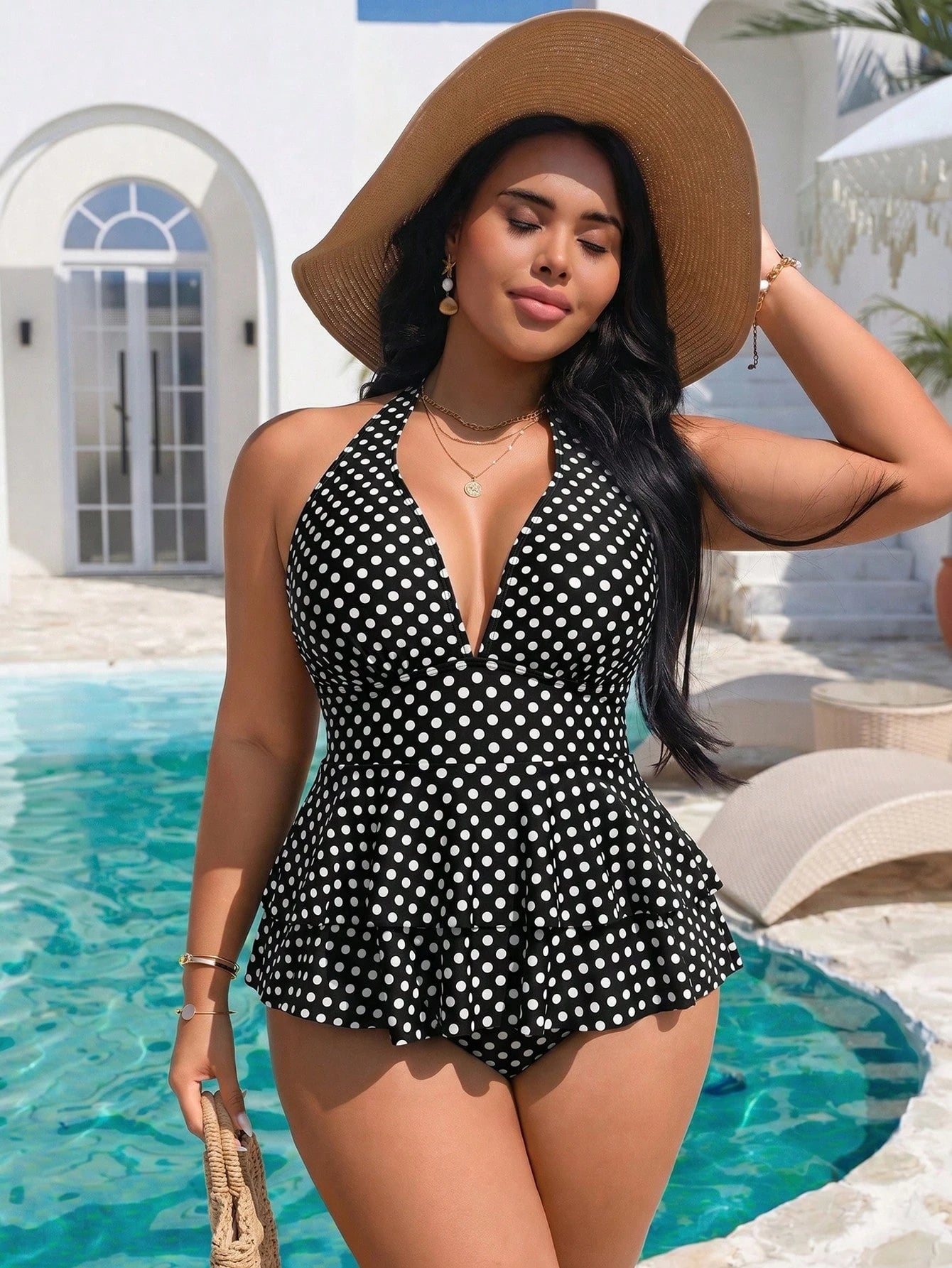Swim Vcay 2026 New Spring/Summer Black With White Polka Dot Random Print V-Neck Halter Neck Flared Top With High Waist Triangle Bottoms Plus Size Tank Style Bikini Set Set For Women, Suitable For Summ