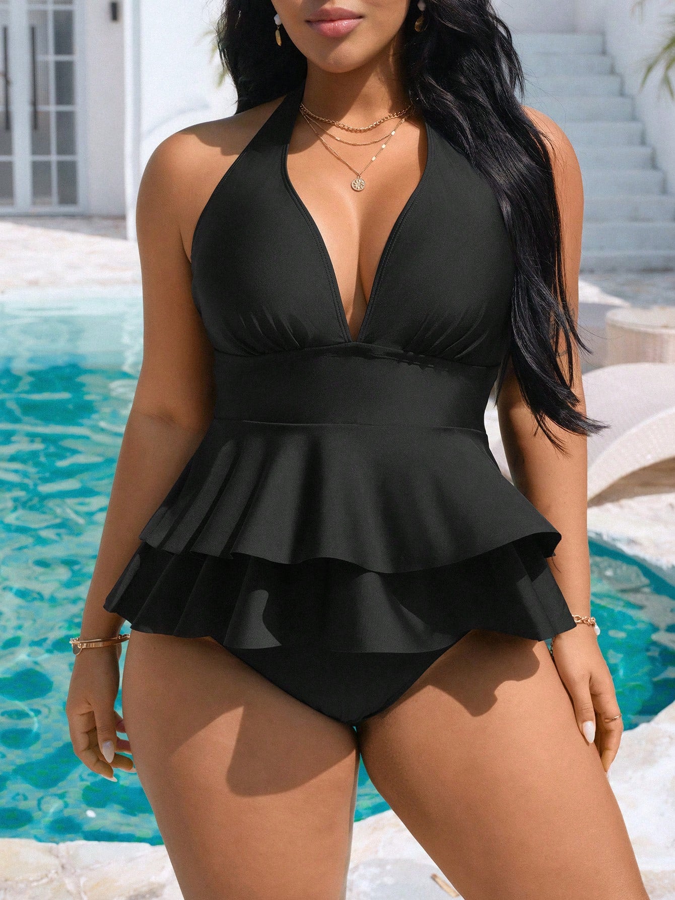 Swim Vcay 2026 New Spring/Summer Black With White Polka Dot Random Print V-Neck Halter Neck Flared Top With High Waist Triangle Bottoms Plus Size Tank Style Bikini Set Set For Women, Suitable For Summ