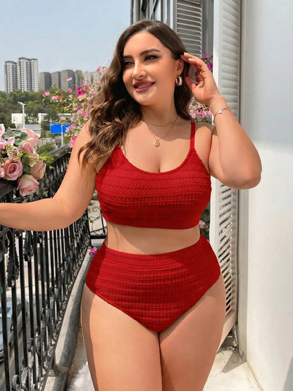 Swim Vcay 2026 New Summer Vacation Red Textured Plus Size Swimsuit Set Beach Vacation Vacation Tropical