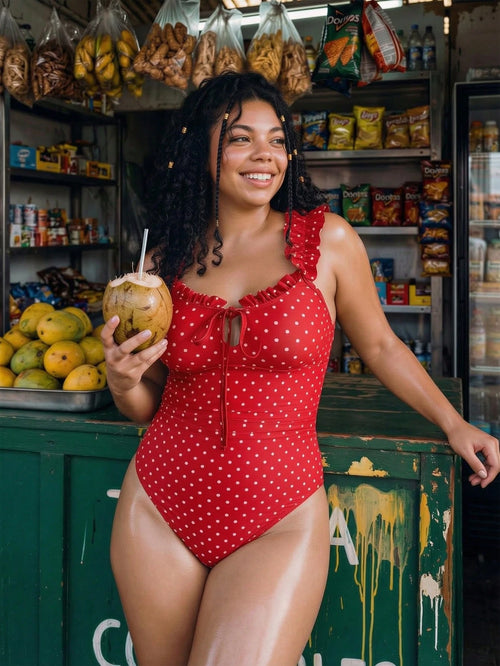 Swim Vcay 2026 Spring/Summer New Plus Size One-Piece Swimsuit Polka Dot Print Tie Front Ruffle Trim Women's One-Piece Swimsuit