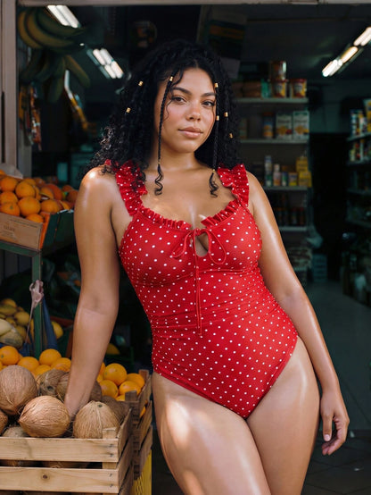 Swim Vcay 2026 Spring/Summer New Plus Size One-Piece Swimsuit Polka Dot Print Tie Front Ruffle Trim Women's One-Piece Swimsuit