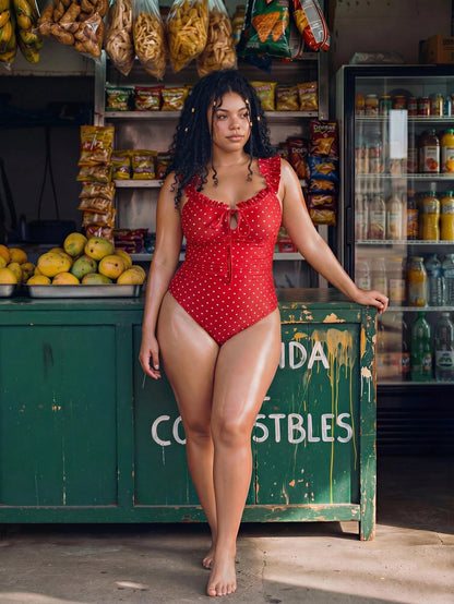 Swim Vcay 2026 Spring/Summer New Plus Size One-Piece Swimsuit Polka Dot Print Tie Front Ruffle Trim Women's One-Piece Swimsuit