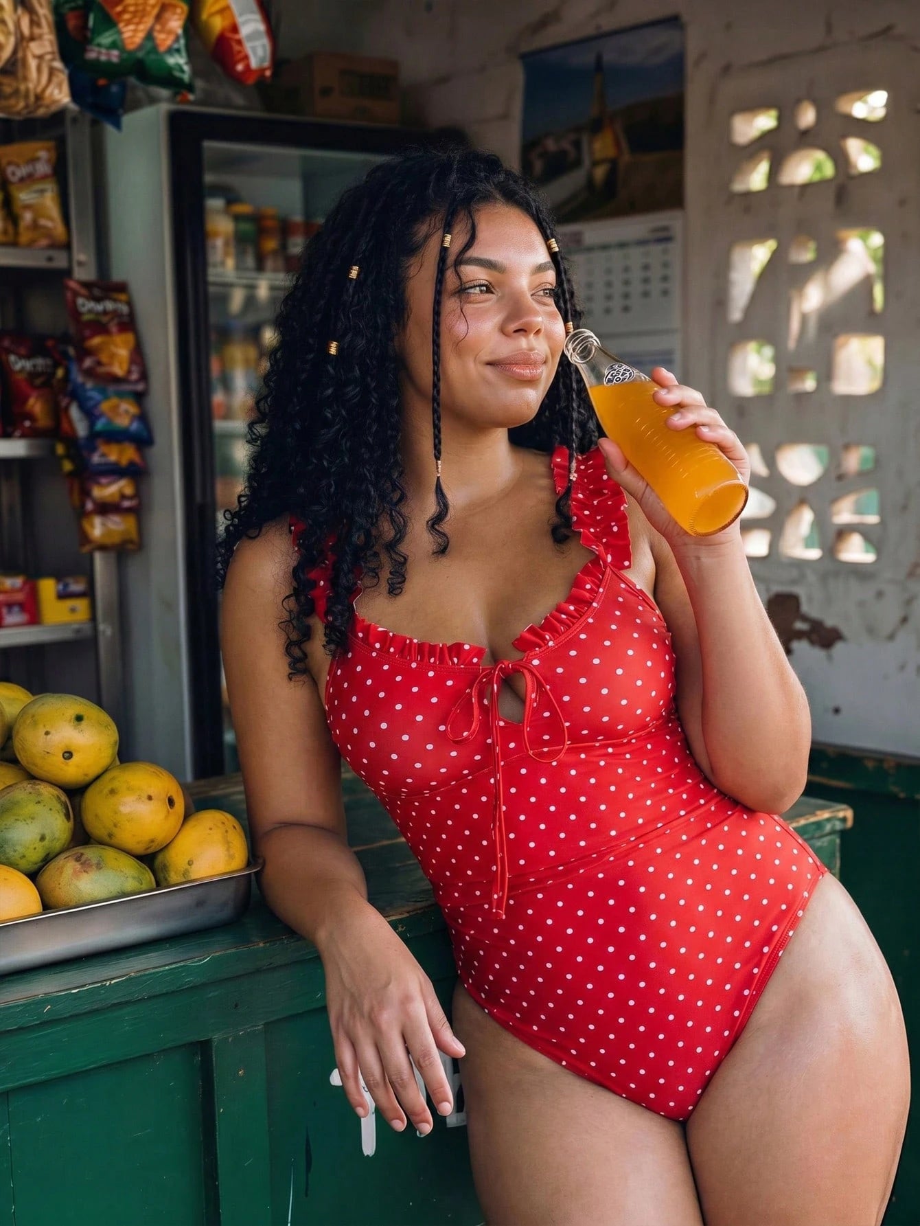 Swim Vcay 2026 Spring/Summer New Plus Size One-Piece Swimsuit Polka Dot Print Tie Front Ruffle Trim Women's One-Piece Swimsuit