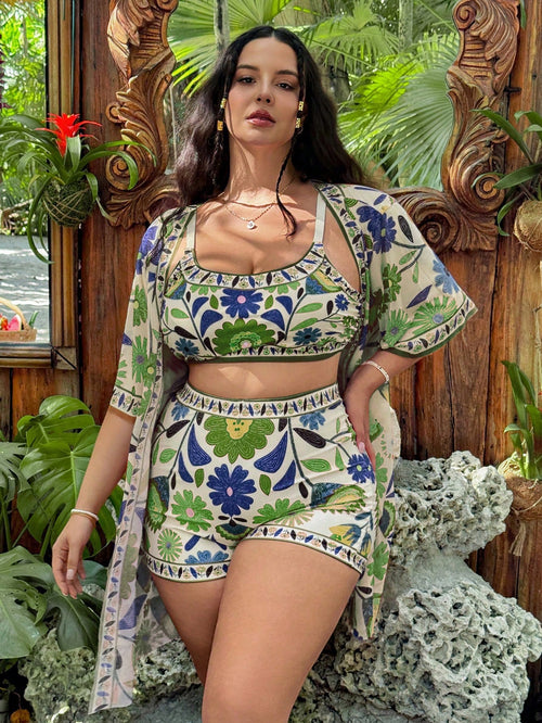 Swim Vcay 3pcs Plus Size Floral Print Camisole Tankini Swimwear Set, Casual Summer Beach Outfit For Women