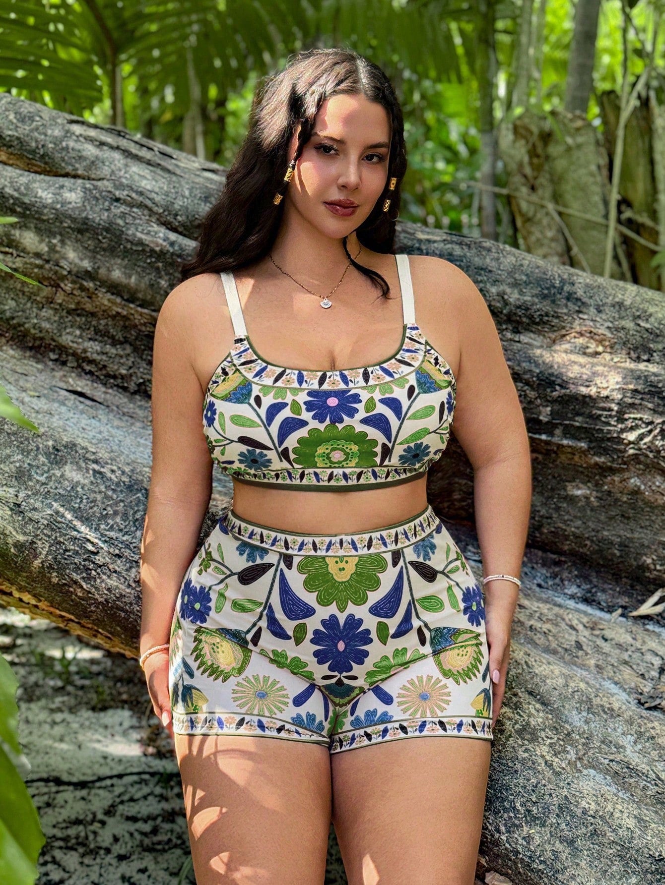 Swim Vcay 3pcs Plus Size Floral Print Camisole Tankini Swimwear Set, Casual Summer Beach Outfit For Women