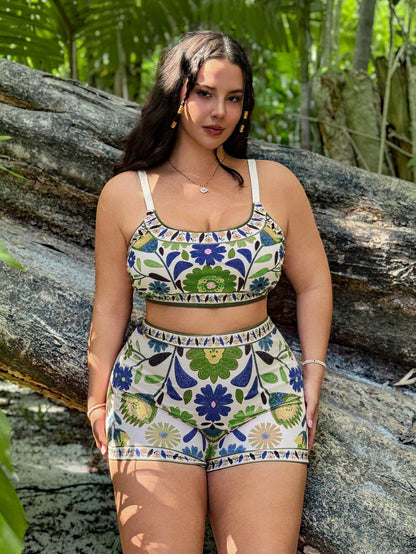 Swim Vcay 3pcs Plus Size Floral Print Camisole Tankini Swimwear Set, Casual Summer Beach Outfit For Women