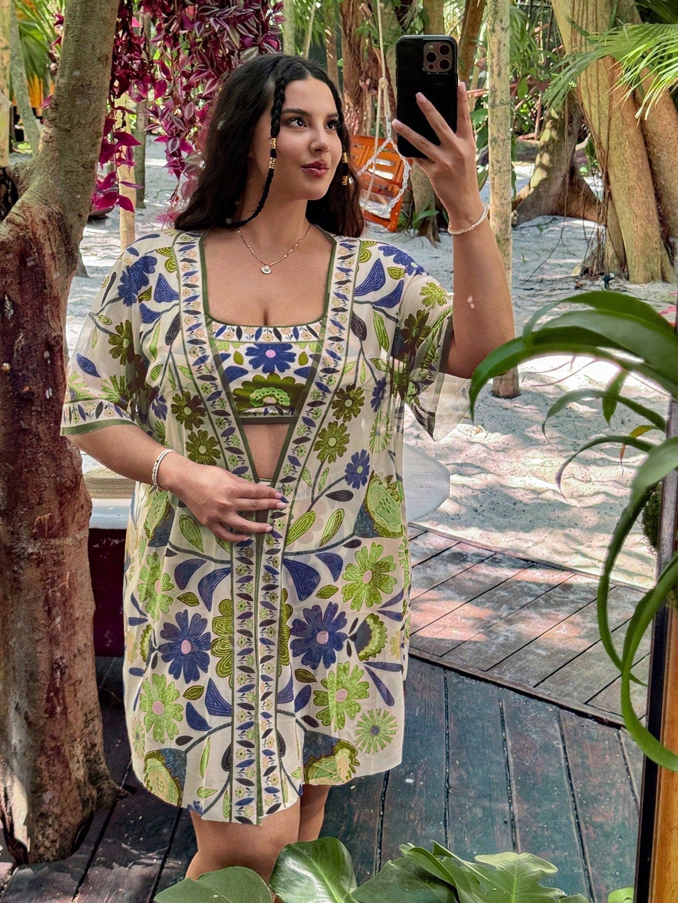 Swim Vcay 3pcs Plus Size Floral Print Camisole Tankini Swimwear Set, Casual Summer Beach Outfit For Women