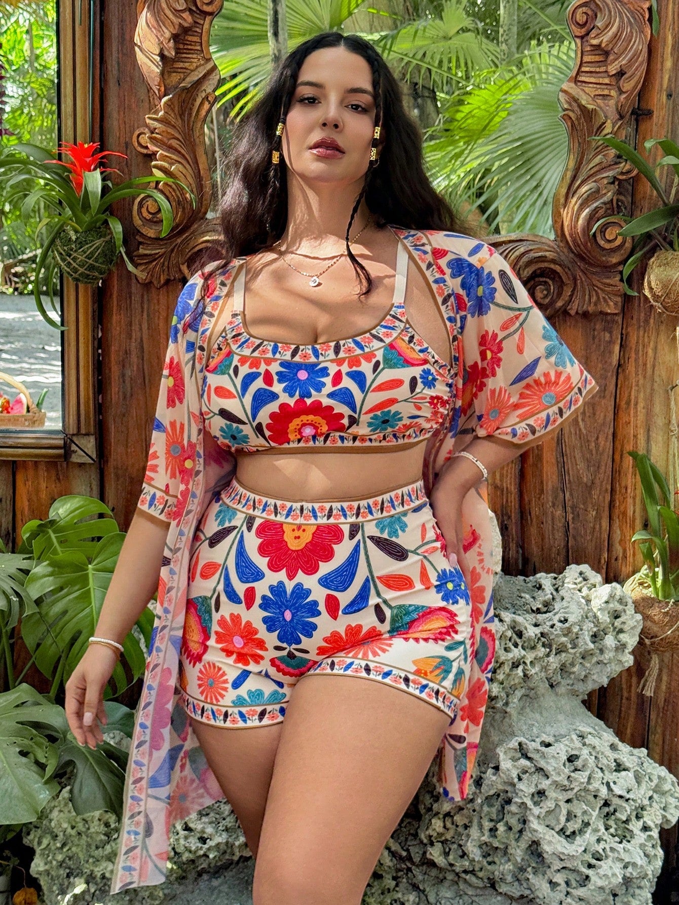 Swim Vcay 3pcs Plus Size Floral Print Camisole Tankini Swimwear Set, Casual Summer Beach Outfit For Women