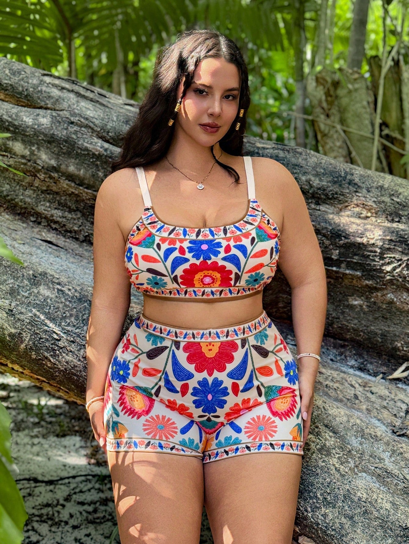Swim Vcay 3pcs Plus Size Floral Print Camisole Tankini Swimwear Set, Casual Summer Beach Outfit For Women