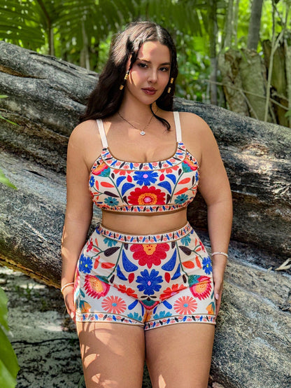 Swim Vcay 3pcs Plus Size Floral Print Camisole Tankini Swimwear Set, Casual Summer Beach Outfit For Women