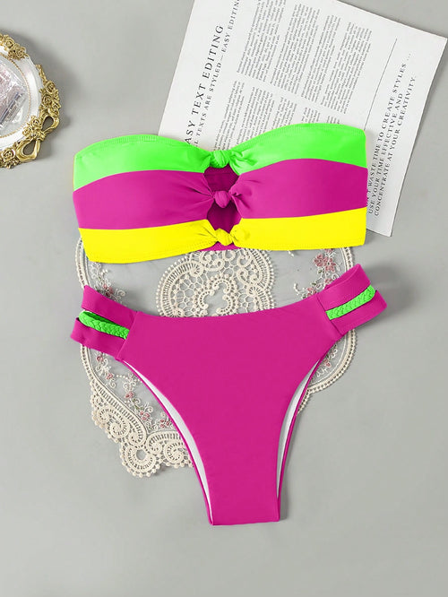 Swim Vcay Holiday Pool Colorblock Hollow Out Bikini Set,Summer Beach