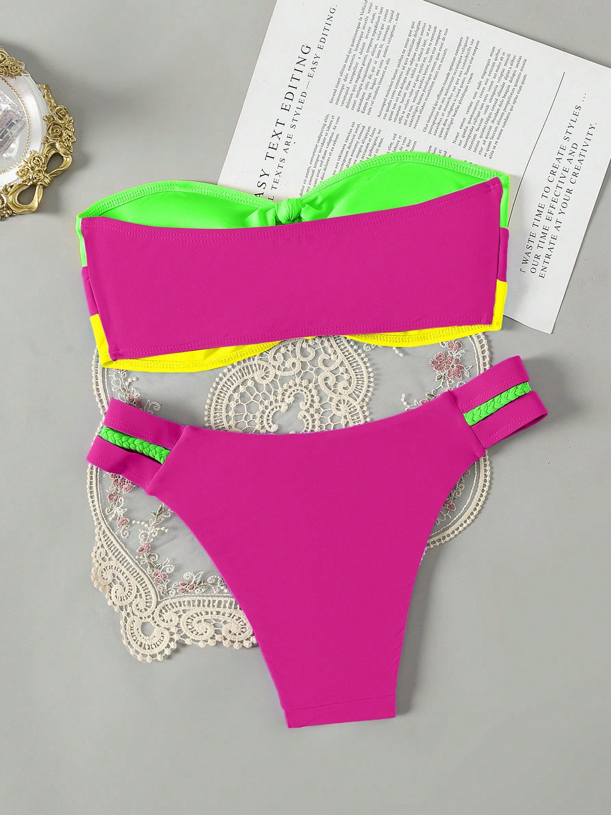 Swim Vcay Holiday Pool Colorblock Hollow Out Bikini Set,Summer Beach