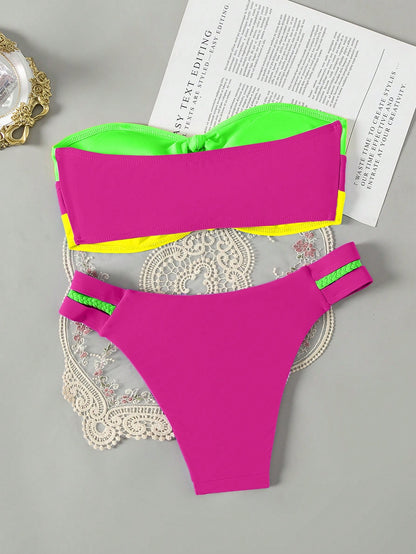 Swim Vcay Holiday Pool Colorblock Hollow Out Bikini Set,Summer Beach
