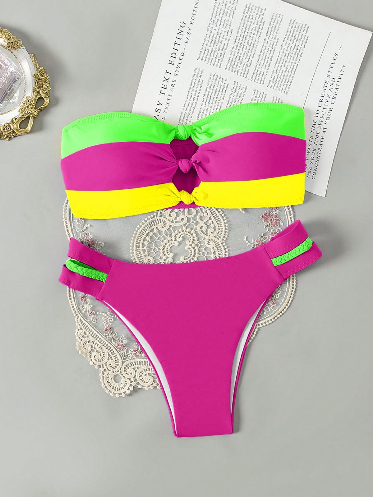 Swim Vcay Holiday Pool Colorblock Hollow Out Bikini Set,Summer Beach