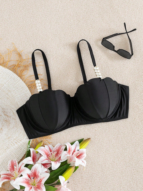 Swim Vcay Plus Size 1 Piece Seashell Supportive Underwire White Pearl Decor Swimwear Top, Suitable For Beach And Vacation In Summer