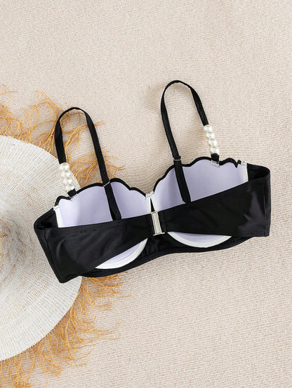 Swim Vcay Plus Size 1 Piece Seashell Supportive Underwire White Pearl Decor Swimwear Top, Suitable For Beach And Vacation In Summer