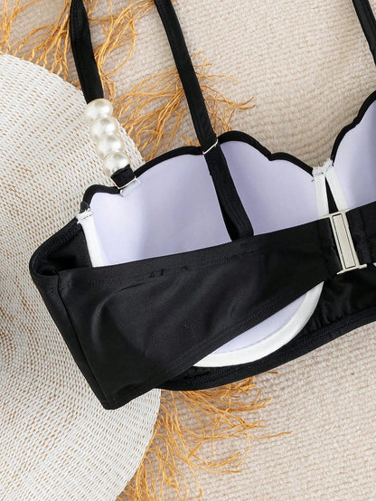 Swim Vcay Plus Size 1 Piece Seashell Supportive Underwire White Pearl Decor Swimwear Top, Suitable For Beach And Vacation In Summer