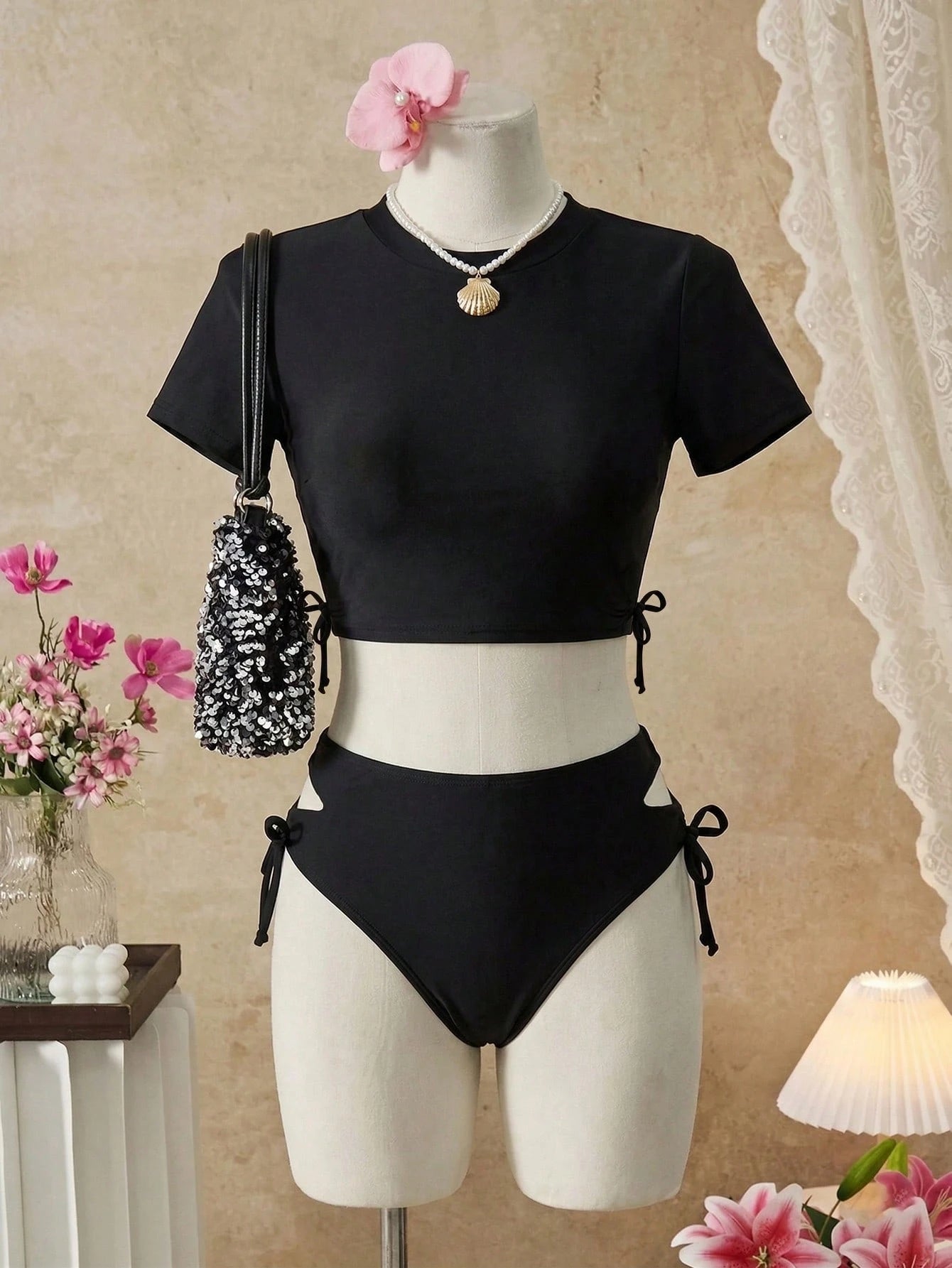 Swim Vcay Plus Size 2-Piece Swimwear Set, Summer Beach Tennis Solid Color Bikini Set With Short Sleeve T-Shirt And Hollow Out Tie Side Swim Shorts Black