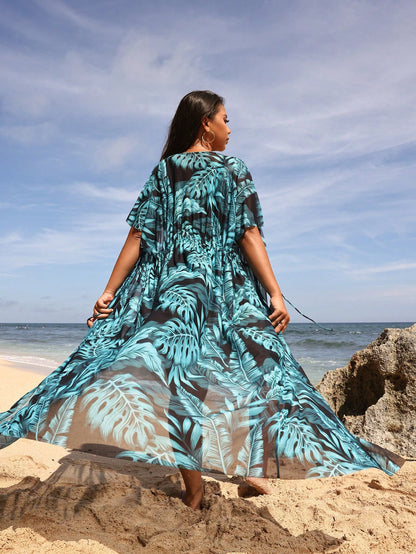 Swim Vcay Plus Size Summer Beach Holiday Tropical Plant Printed Waist Tie Kimono