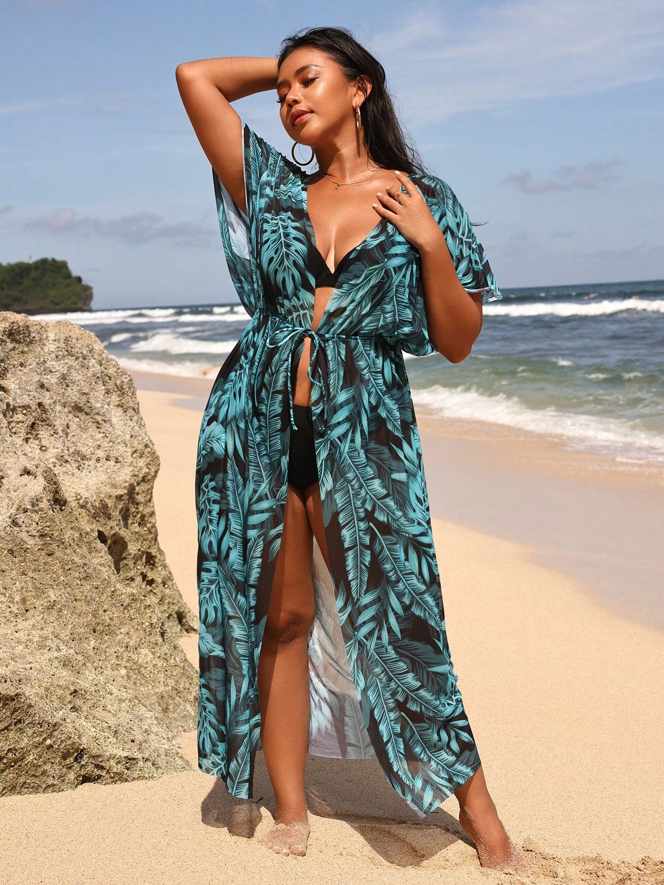 Swim Vcay Plus Size Summer Beach Holiday Tropical Plant Printed Waist Tie Kimono