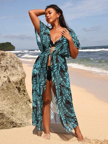 Swim Vcay Plus Size Summer Beach Holiday Tropical Plant Printed Waist Tie Kimono