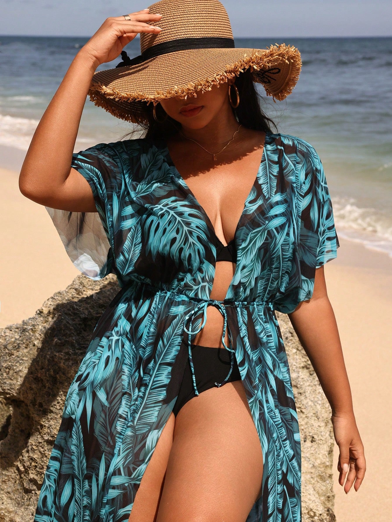 Swim Vcay Plus Size Summer Beach Holiday Tropical Plant Printed Waist Tie Kimono