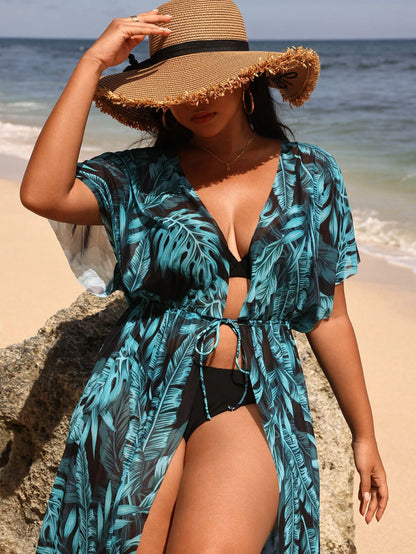 Swim Vcay Plus Size Summer Beach Holiday Tropical Plant Printed Waist Tie Kimono