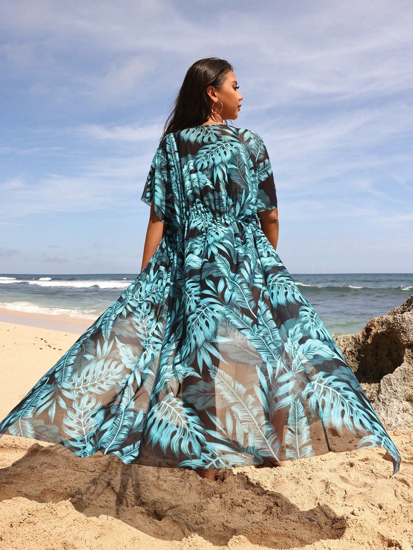 Swim Vcay Plus Size Summer Beach Holiday Tropical Plant Printed Waist Tie Kimono