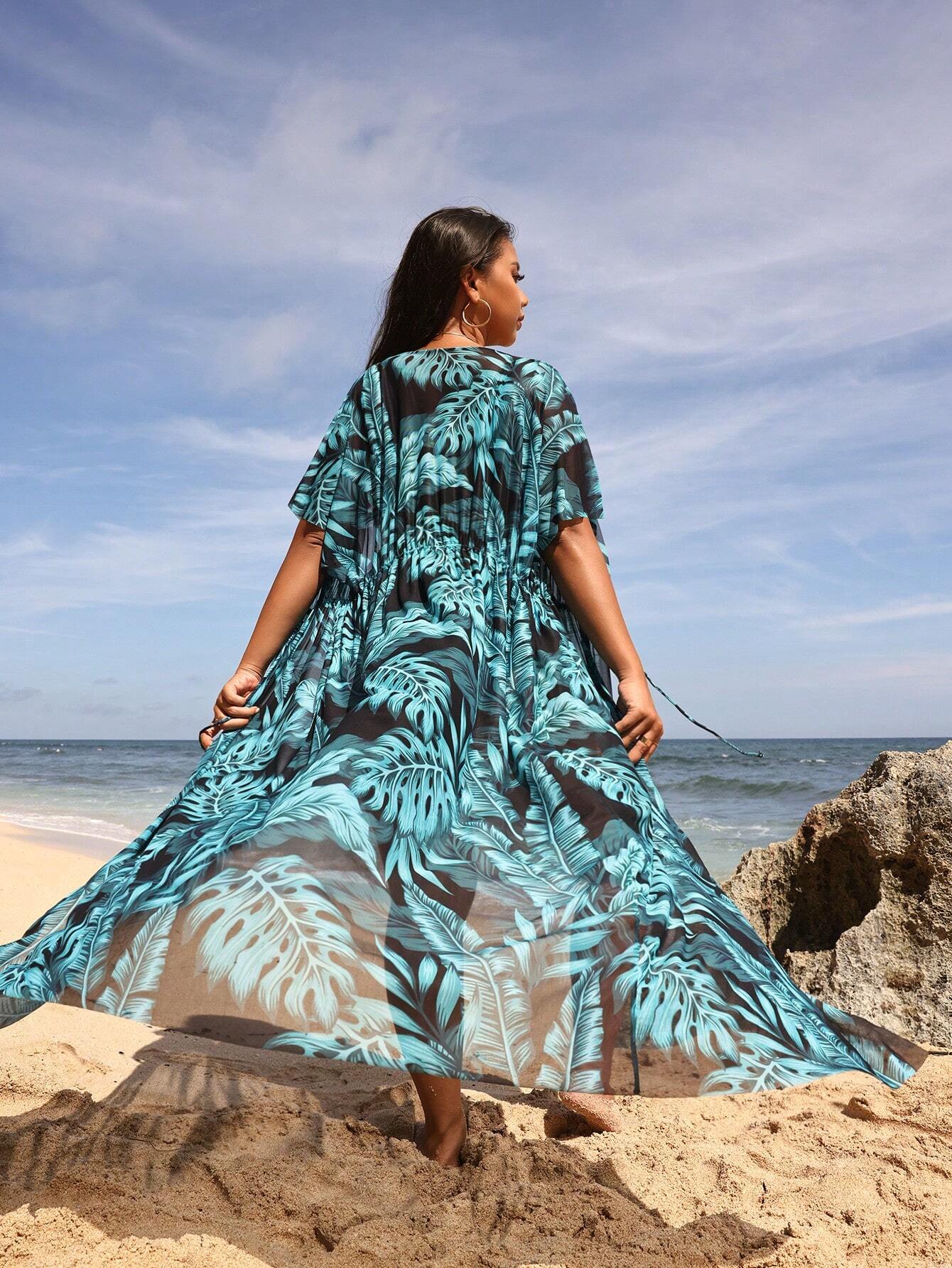Swim Vcay Plus Size Summer Beach Holiday Tropical Plant Printed Waist Tie Kimono