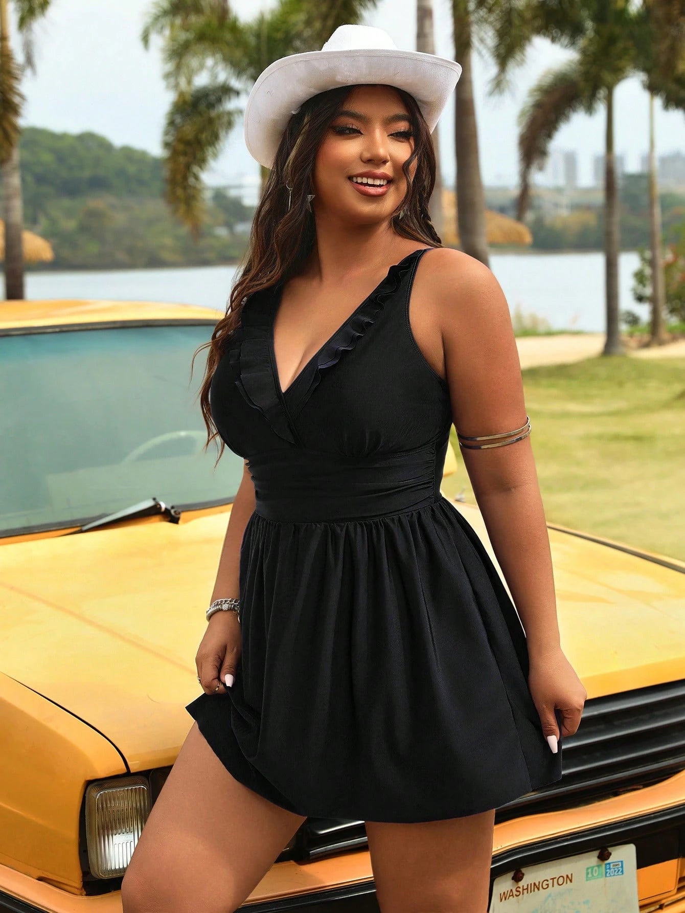 Swim Vcay Plus Size Summer Beach Solid Color Ruffled One-Piece Swimsuit With Ruched Design For Vacation And Casual Wear