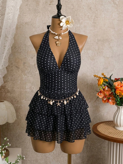 Swim Vcay Plus Size Women 2pcs/Set Random Polka Dot Print Elegant Flared Casual Swimsuit