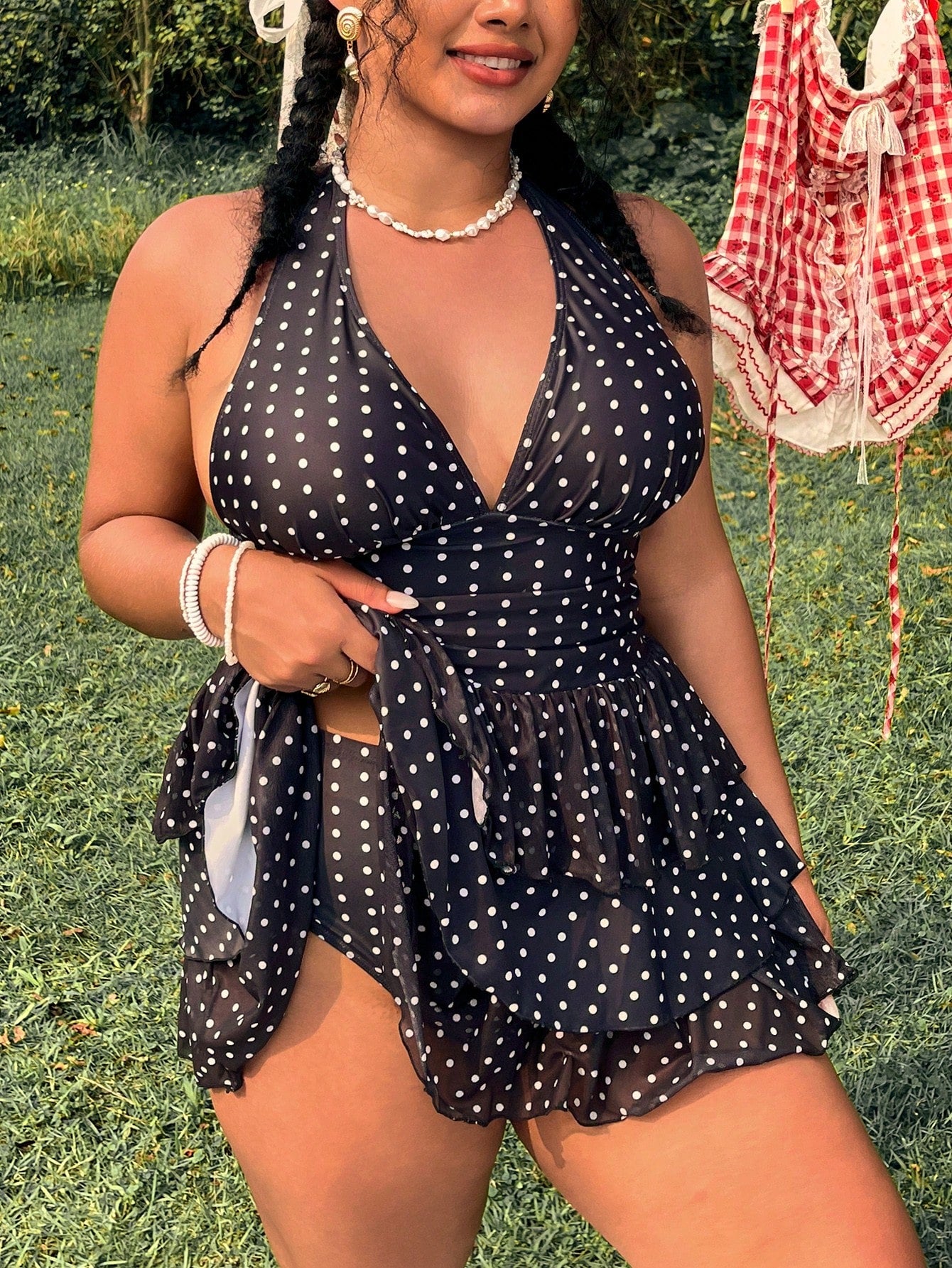 Swim Vcay Plus Size Women 2pcs/Set Random Polka Dot Print Elegant Flared Casual Swimsuit
