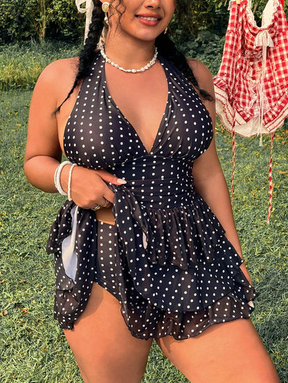 Swim Vcay Plus Size Women 2pcs/Set Random Polka Dot Print Elegant Flared Casual Swimsuit