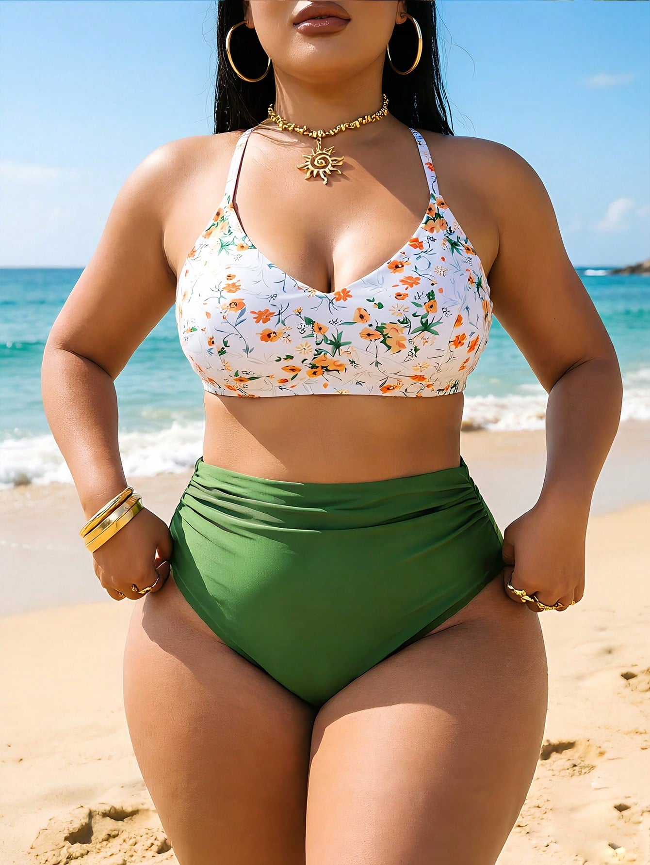 Swim Vcay Plus Size Women 2pcs/Set Random Print Criss-Cross Back Tie Bikini Set Set