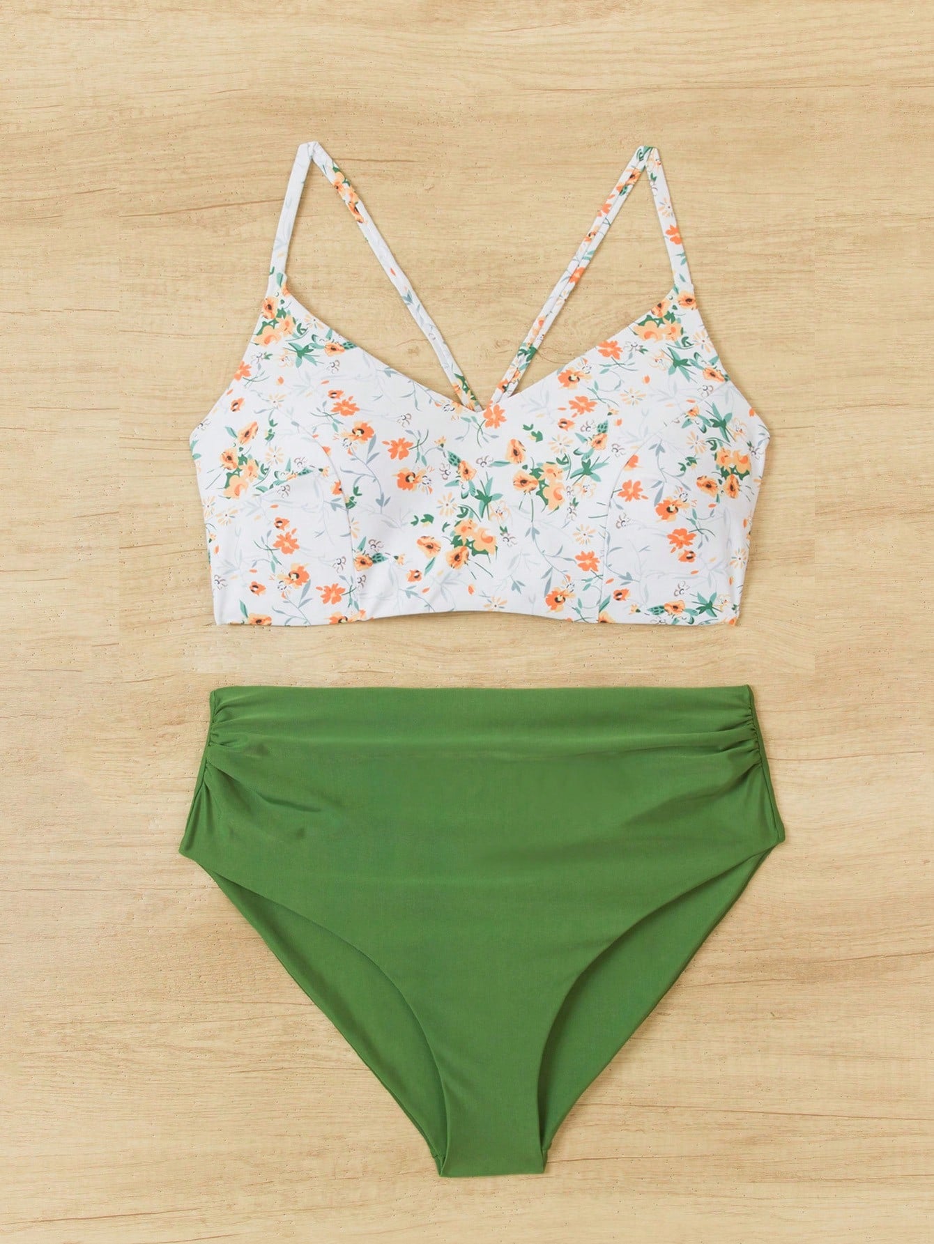Swim Vcay Plus Size Women 2pcs/Set Random Print Criss-Cross Back Tie Bikini Set Set