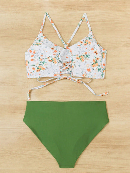 Swim Vcay Plus Size Women 2pcs/Set Random Print Criss-Cross Back Tie Bikini Set Set