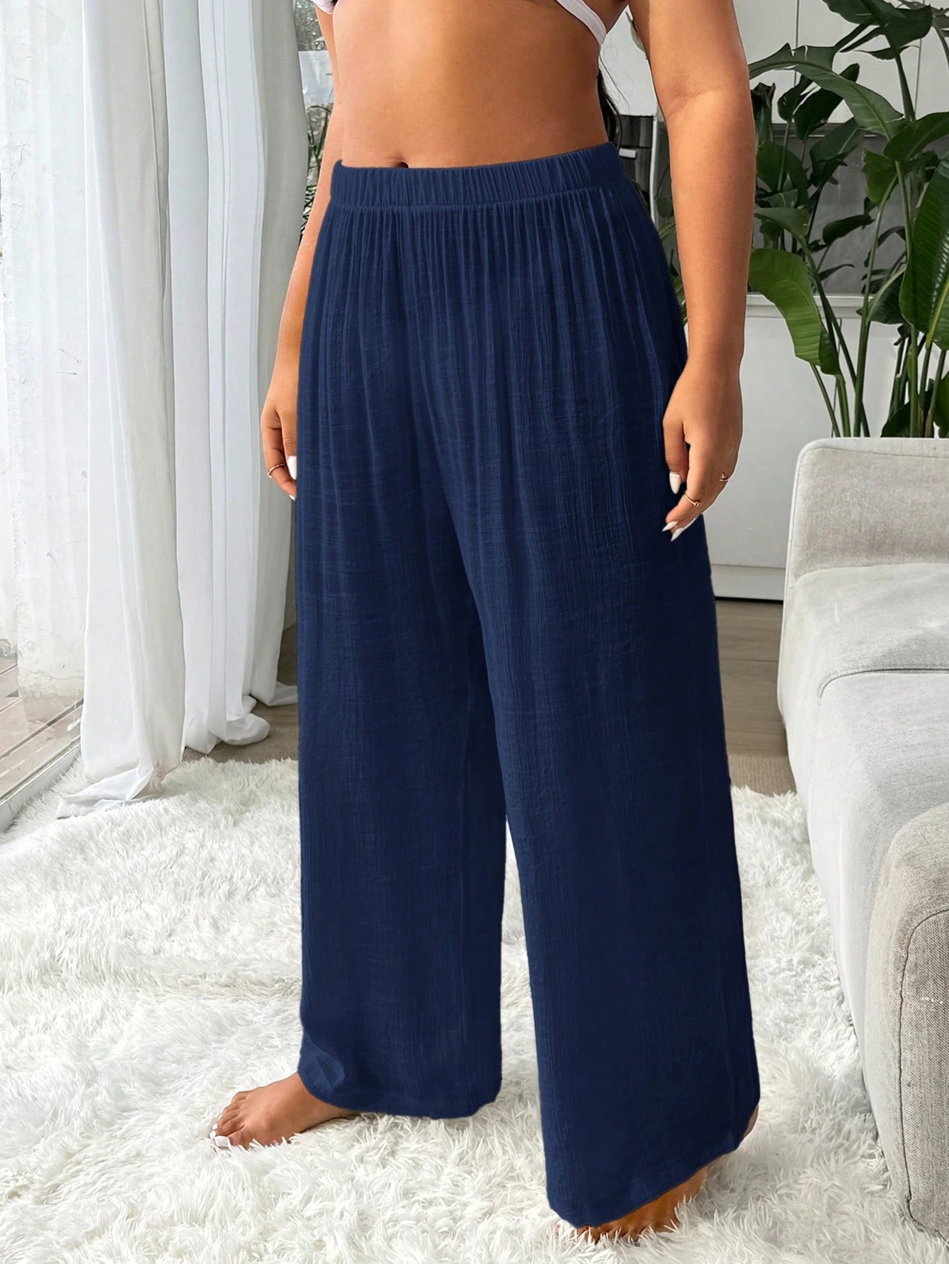 Swim Vcay Plus Size Women Casual Solid Color Elastic Waist Cover Up & Pants Set
