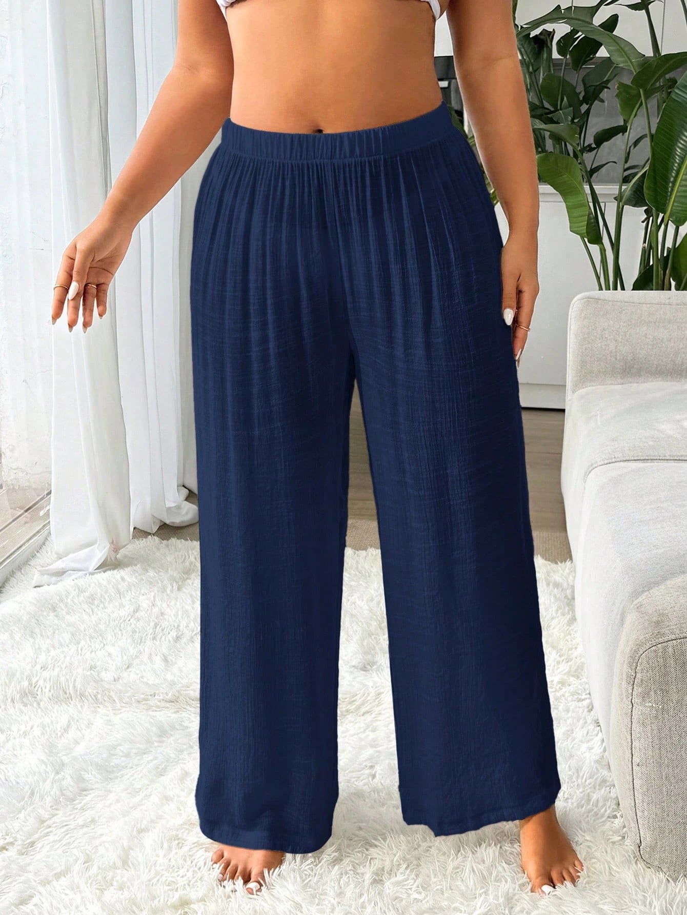Swim Vcay Plus Size Women Casual Solid Color Elastic Waist Cover Up & Pants Set