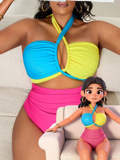 Swim Vcay Plus Size Women One-Piece Contrast Color Elegant Swimsuit For Beach & Pool