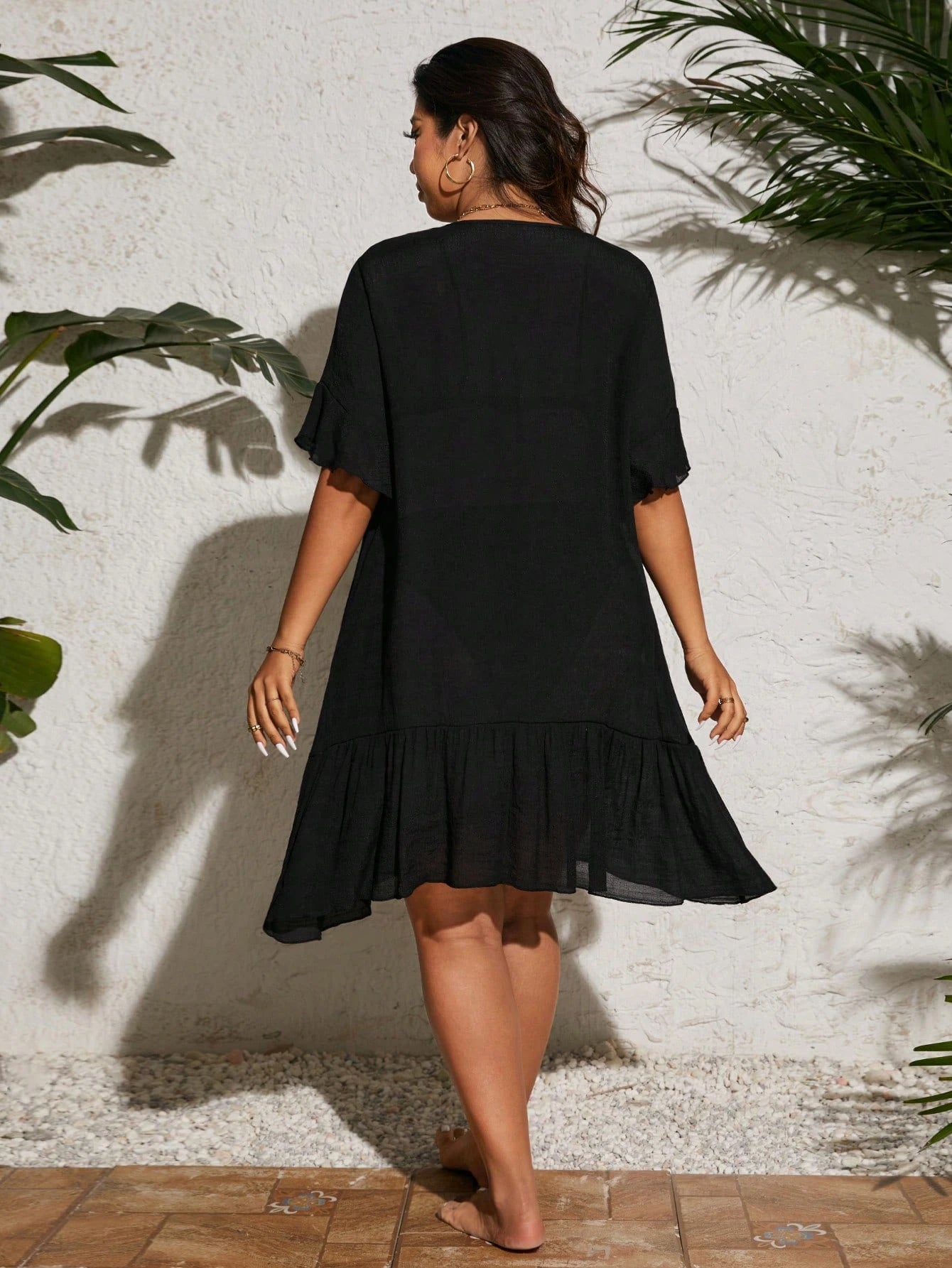Swim Vcay Plus Size Women's Black Summer Boho Vacation Holiday V-Neck Flutter Ruffle Sleeve Ruffle Trim Cover-Up Dress, Flowy Lightweight Beach Resort Pool Wear