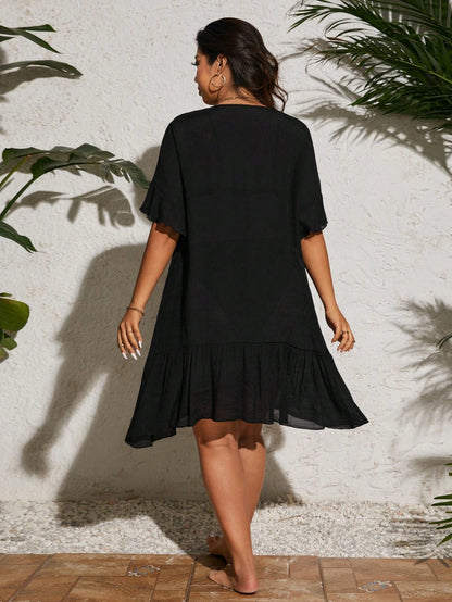 Swim Vcay Plus Size Women's Black Summer Boho Vacation Holiday V-Neck Flutter Ruffle Sleeve Ruffle Trim Cover-Up Dress, Flowy Lightweight Beach Resort Pool Wear