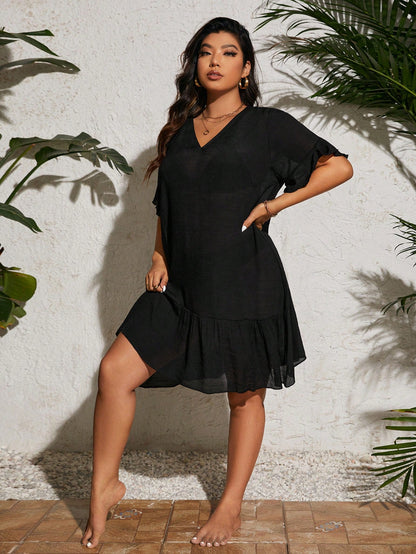 Swim Vcay Plus Size Women's Black Summer Boho Vacation Holiday V-Neck Flutter Ruffle Sleeve Ruffle Trim Cover-Up Dress, Flowy Lightweight Beach Resort Pool Wear