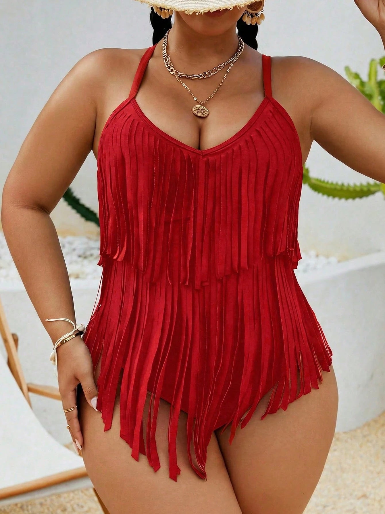 Swim Vcay Plus Size Women's Solid Color Fringe Design One-Piece Swimsuit, Suitable For Beach Vacation, Pool Party, Beach Party