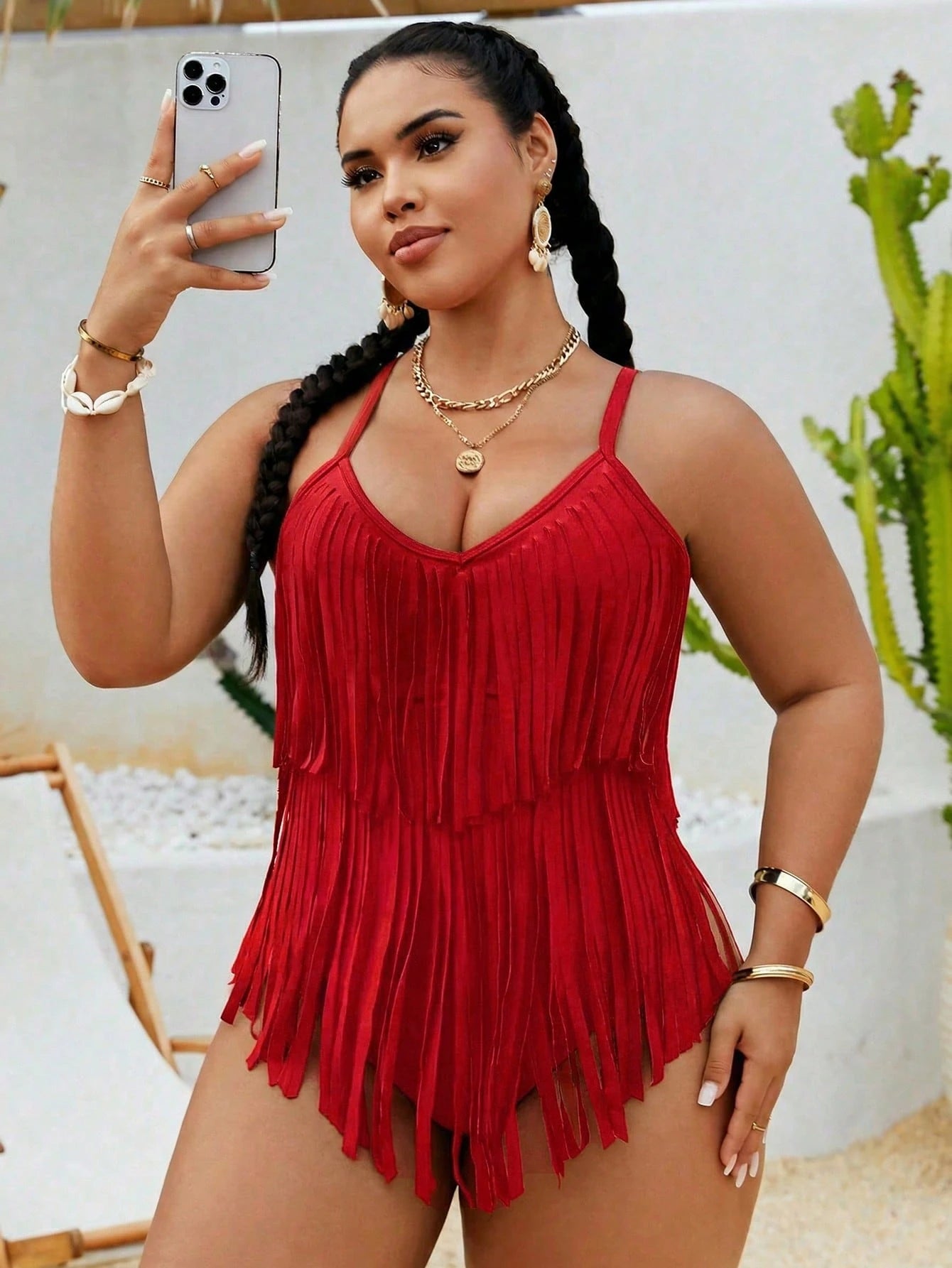 Swim Vcay Plus Size Women's Solid Color Fringe Design One-Piece Swimsuit, Suitable For Beach Vacation, Pool Party, Beach Party