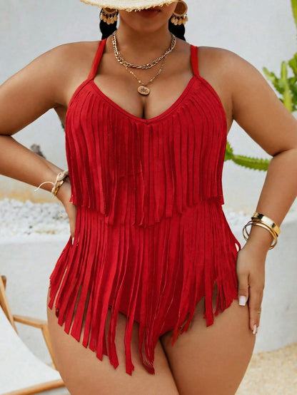 Swim Vcay Plus Size Women's Solid Color Fringe Design One-Piece Swimsuit, Suitable For Beach Vacation, Pool Party, Beach Party