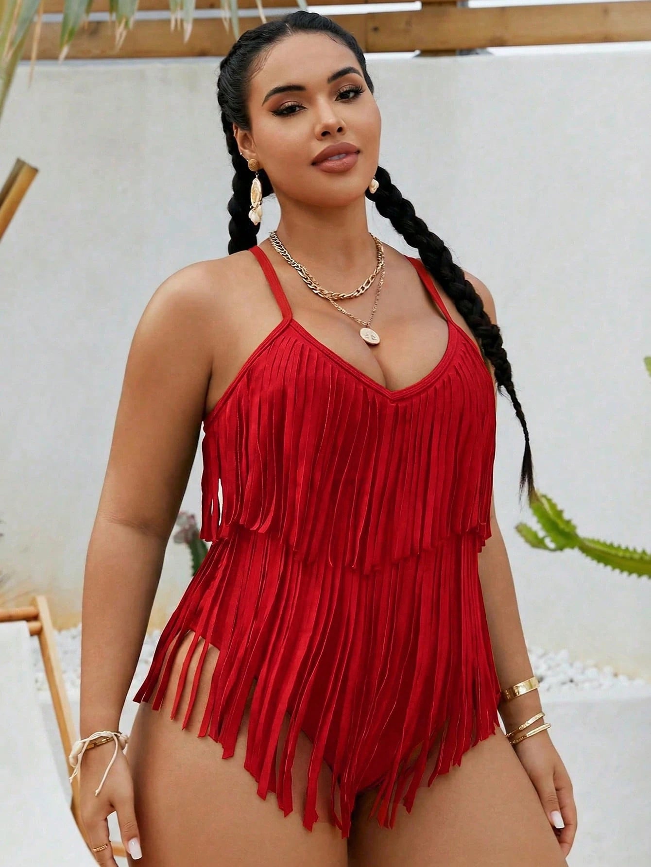 Swim Vcay Plus Size Women's Solid Color Fringe Design One-Piece Swimsuit, Suitable For Beach Vacation, Pool Party, Beach Party