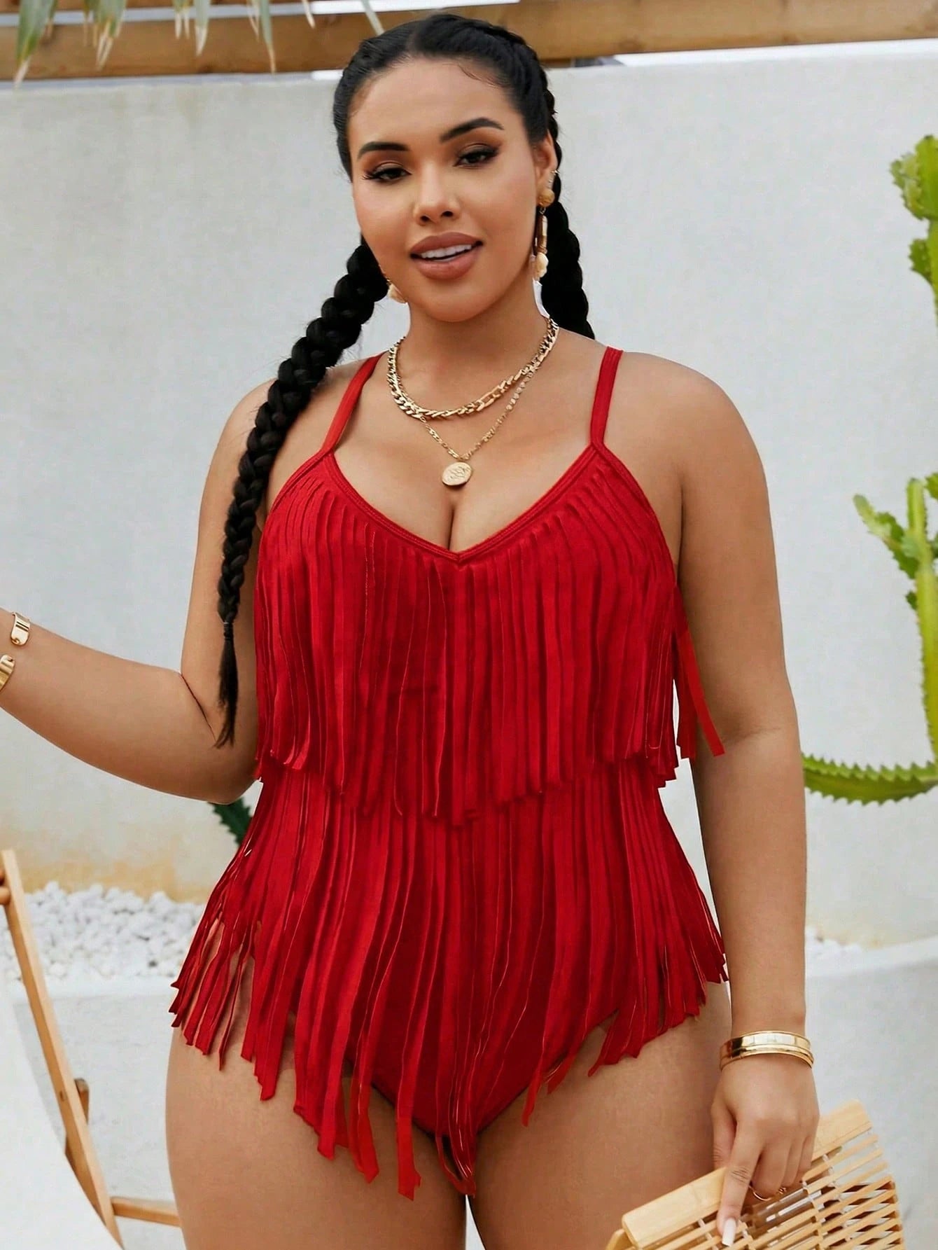Swim Vcay Plus Size Women's Solid Color Fringe Design One-Piece Swimsuit, Suitable For Beach Vacation, Pool Party, Beach Party
