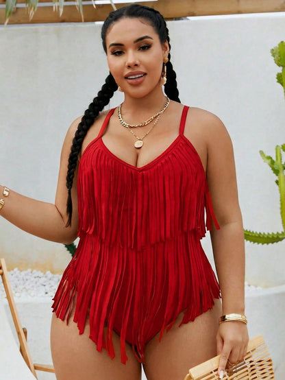 Swim Vcay Plus Size Women's Solid Color Fringe Design One-Piece Swimsuit, Suitable For Beach Vacation, Pool Party, Beach Party