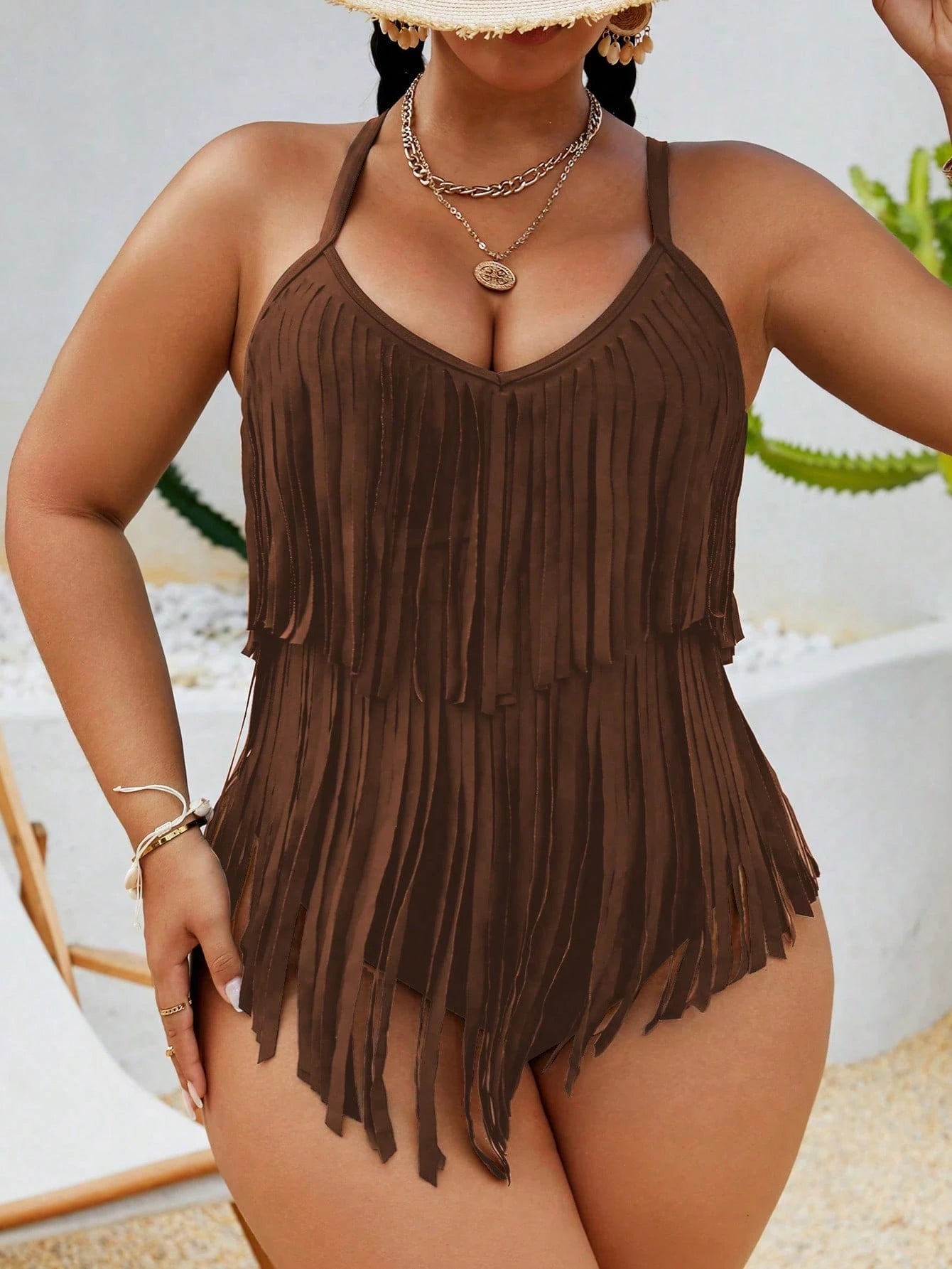 Swim Vcay Plus Size Women's Solid Color Fringe Design One-Piece Swimsuit, Suitable For Beach Vacation, Pool Party, Beach Party